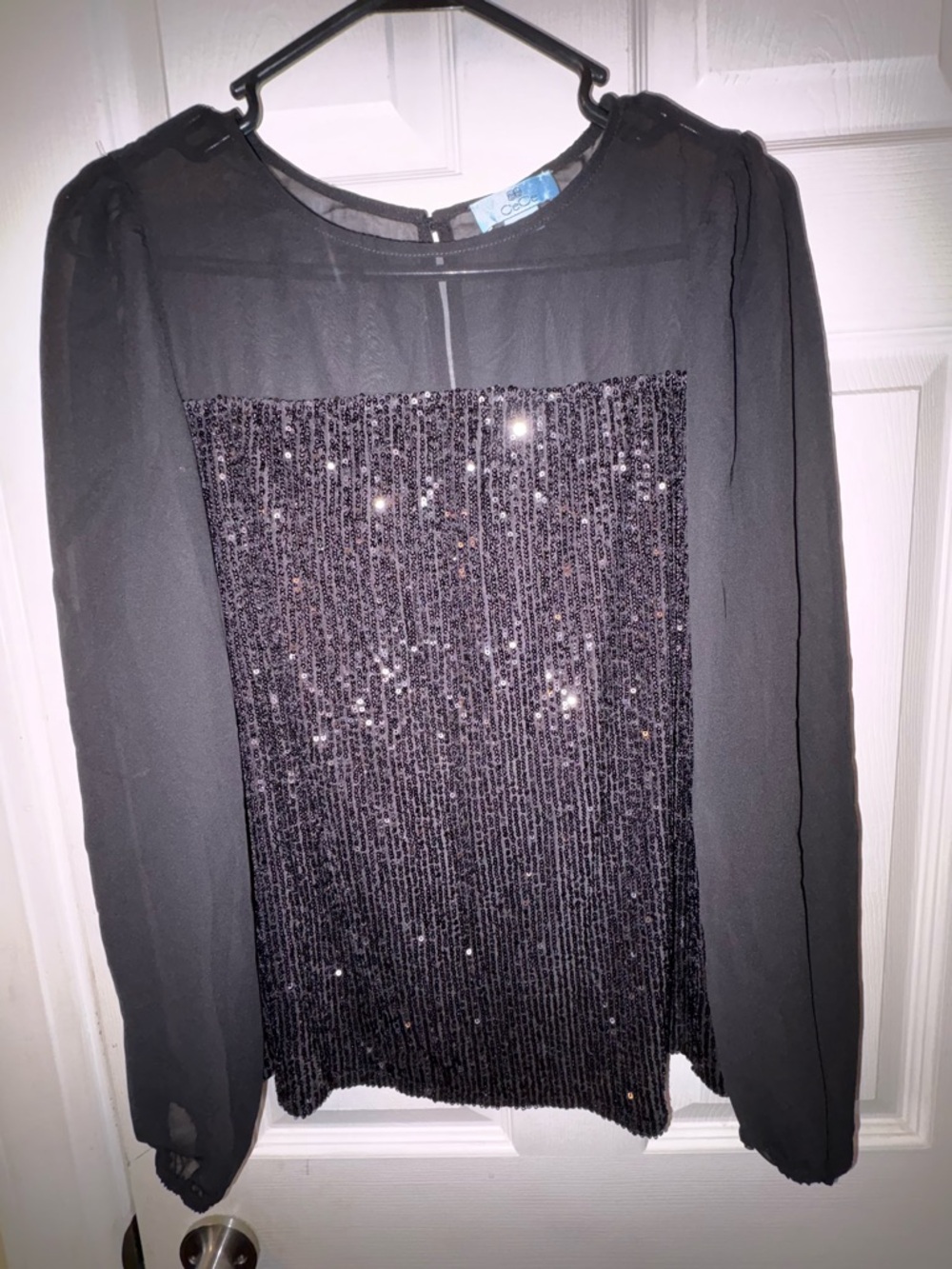 CeCe Black Sequined Front Sheer Sleeve Blouse